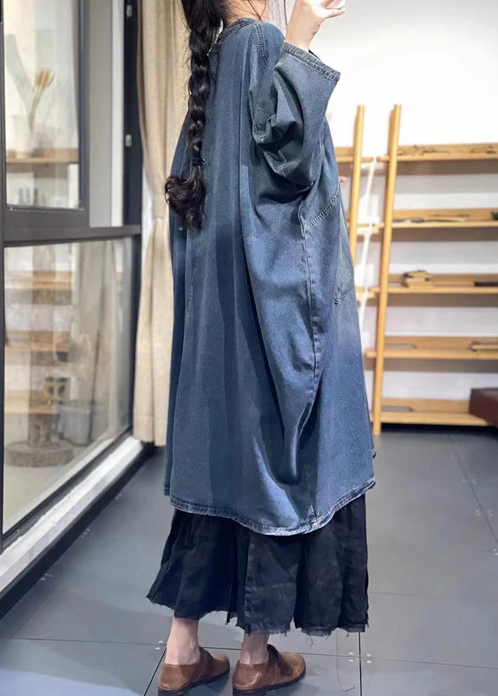 Women Blue Oversized Chinese Button Denim Long Dress Spring - Image 5