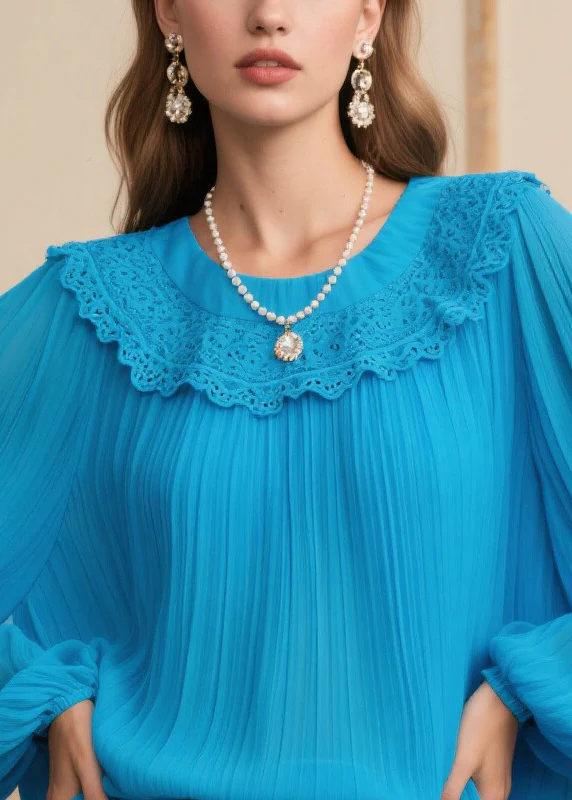 Women Blue Oversized Patchwork Lace Chiffon Pleated Blouses Spring - Image 2