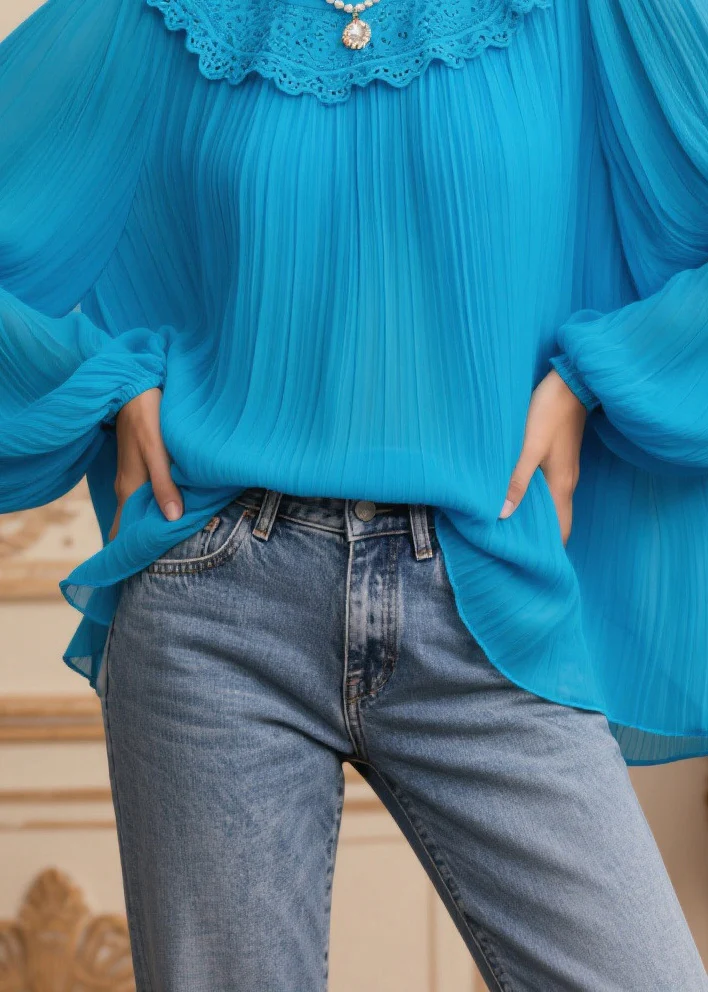 Women Blue Oversized Patchwork Lace Chiffon Pleated Blouses Spring - Image 4