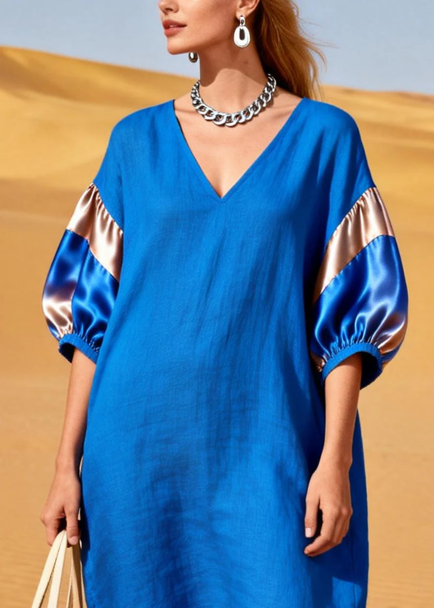 Women Blue Oversized Patchwork Silk Cotton Two Pieces Set Summer - Image 2