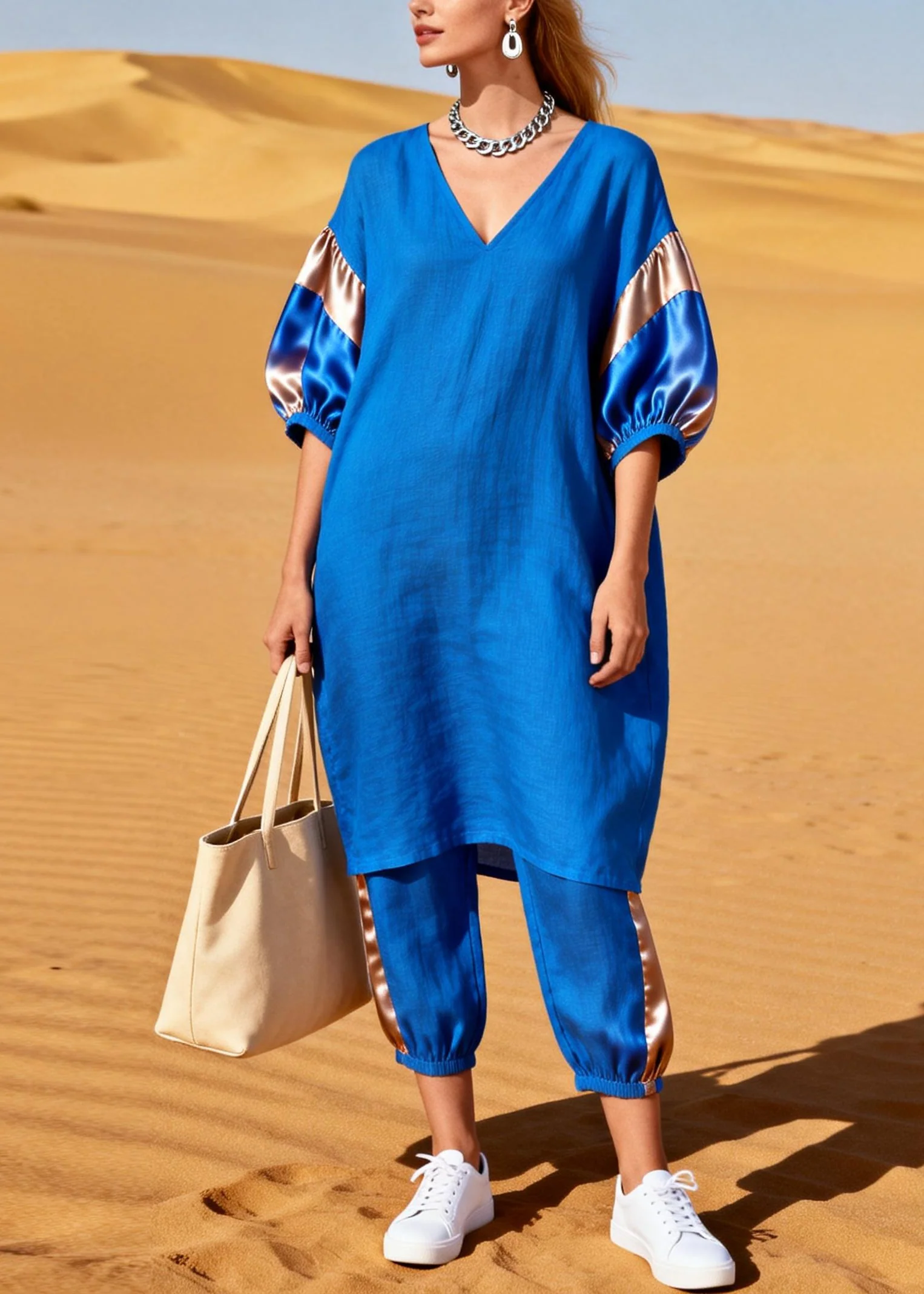 Women Blue Oversized Patchwork Silk Cotton Two Pieces Set Summer - Image 5