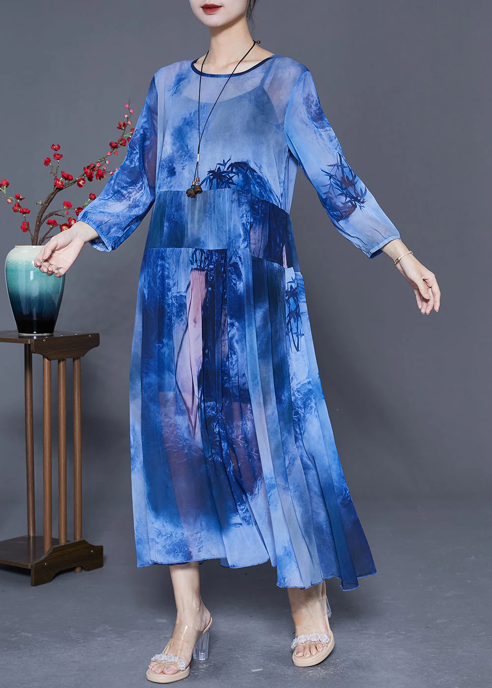 Women Blue Oversized Patchwork Tie Dye Chiffon Maxi Dresses Summer - Image 2