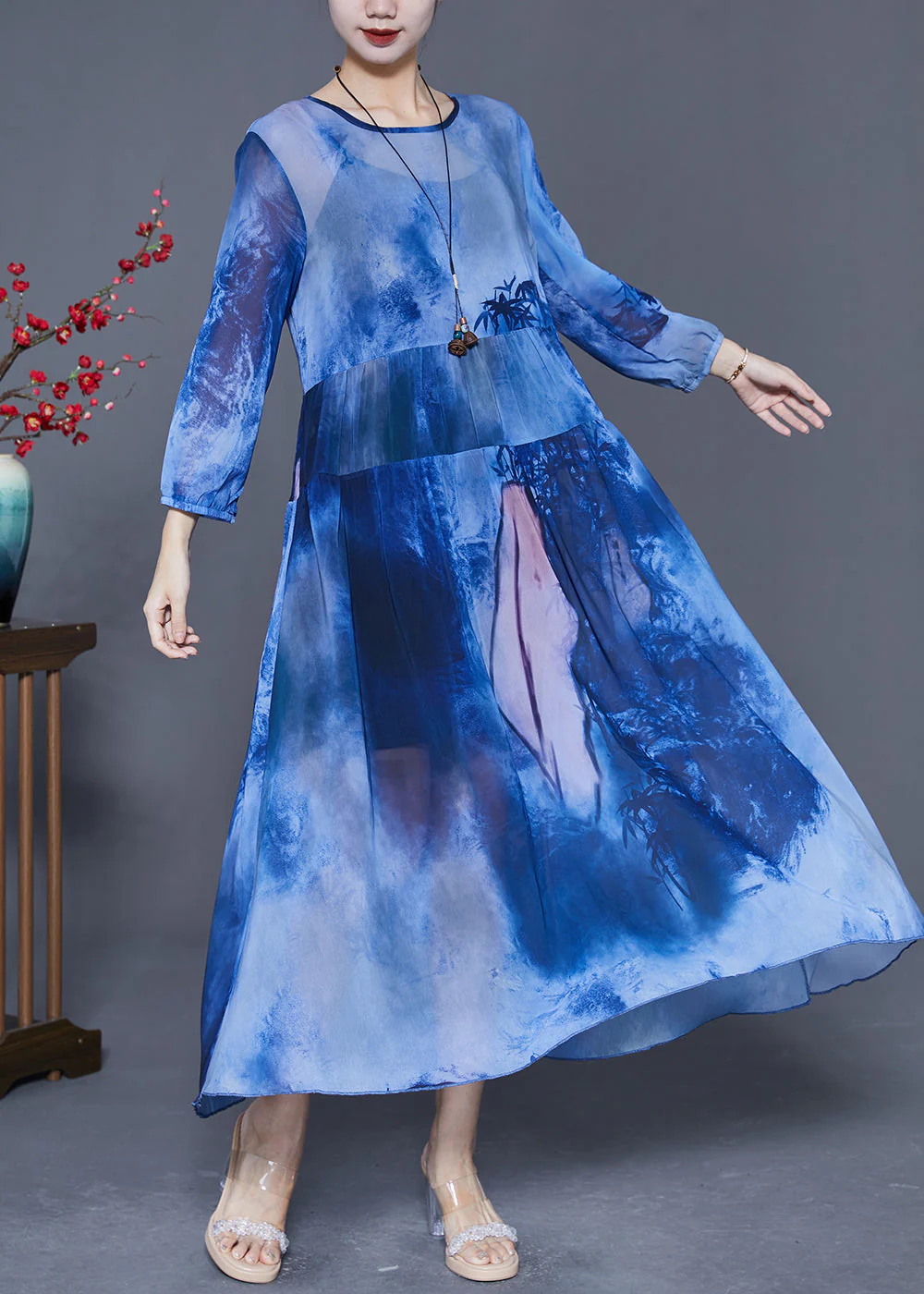 Women Blue Oversized Patchwork Tie Dye Chiffon Maxi Dresses Summer - Image 3