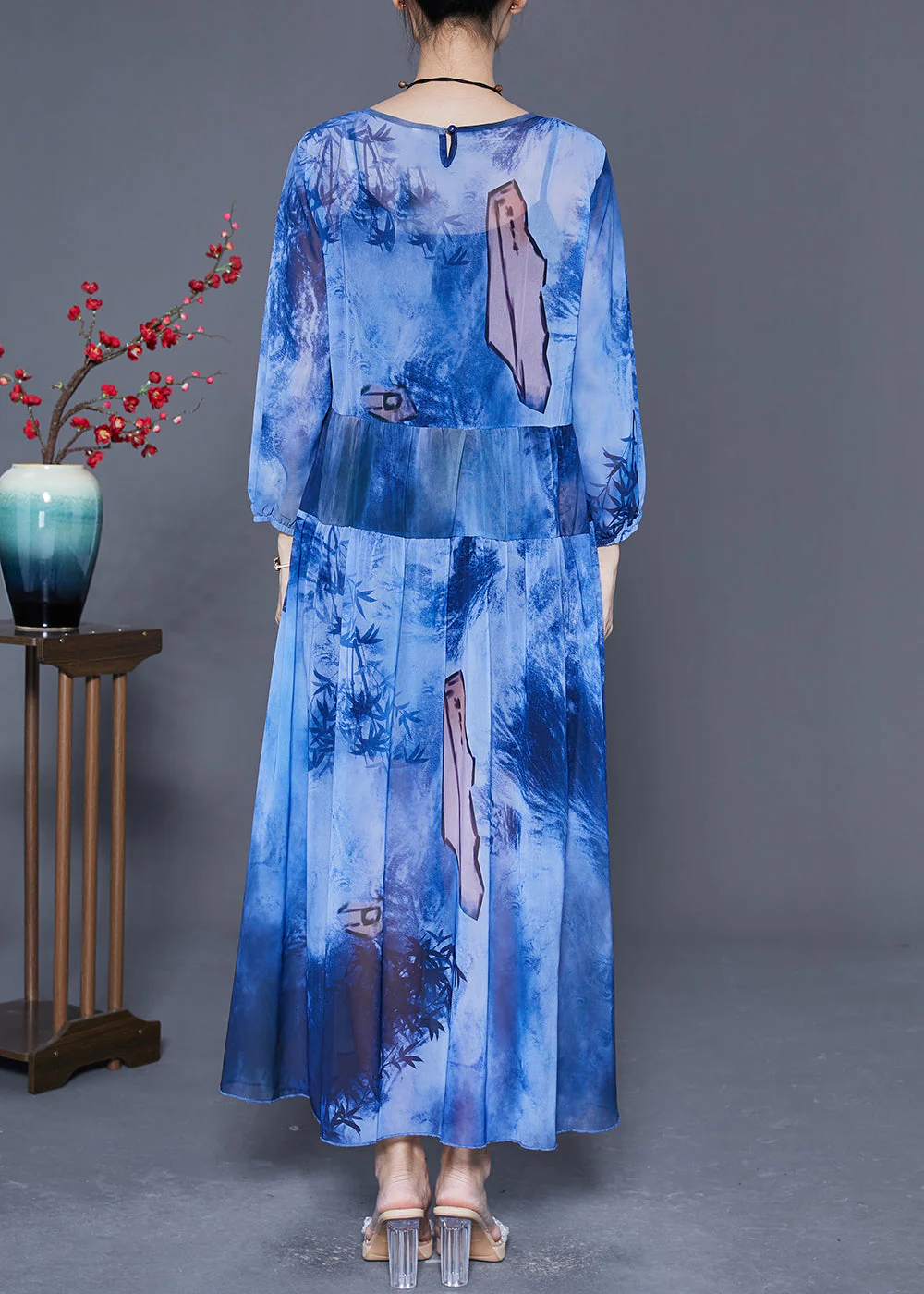 Women Blue Oversized Patchwork Tie Dye Chiffon Maxi Dresses Summer - Image 4