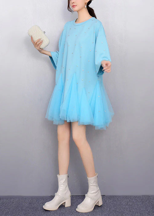 Women Blue Oversized Patchwork Tulle Mini Dress Summer - Image 3