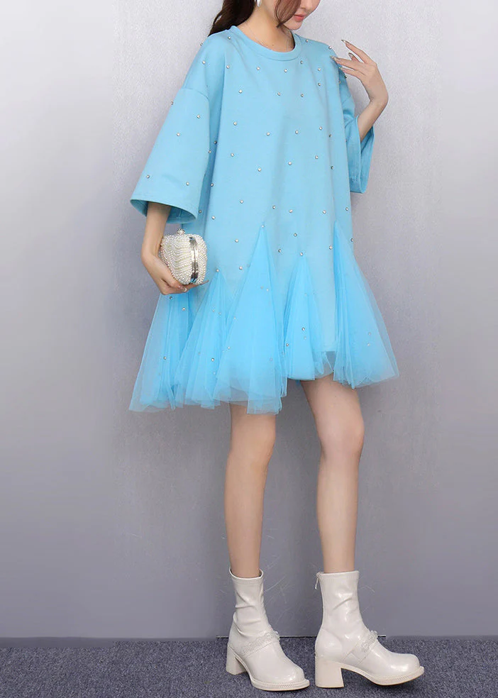 Women Blue Oversized Patchwork Tulle Mini Dress Summer - Image 4