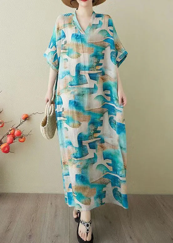 Women Blue Oversized Print Cotton Party Dress Summer - Image 3