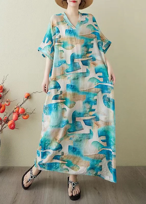 Women Blue Oversized Print Cotton Party Dress Summer - Image 4