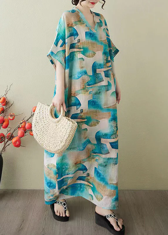 Women Blue Oversized Print Cotton Party Dress Summer - Image 5