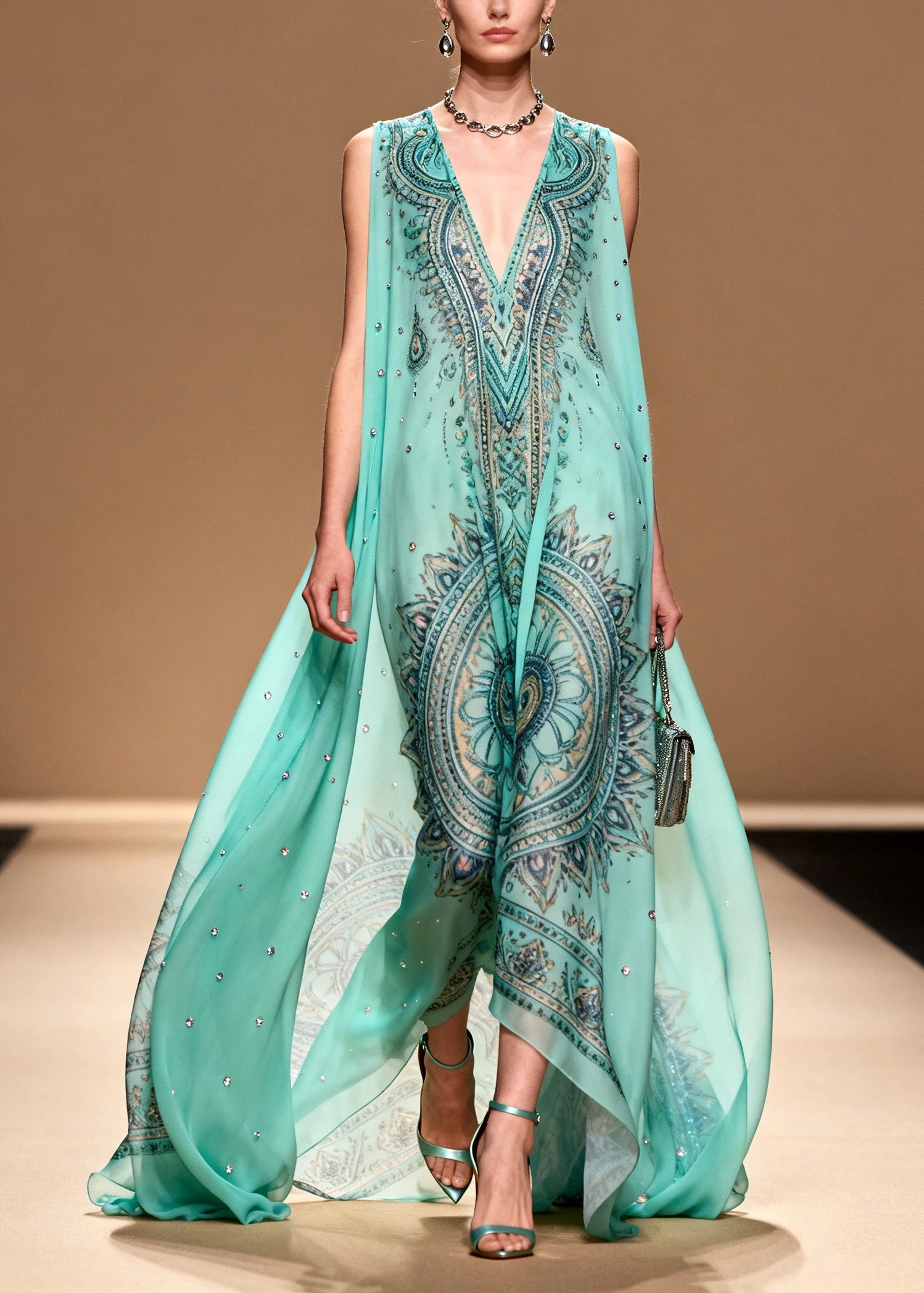 Women Blue Oversized Print Rhinestone Chiffon Beach Dress Summer - Image 5