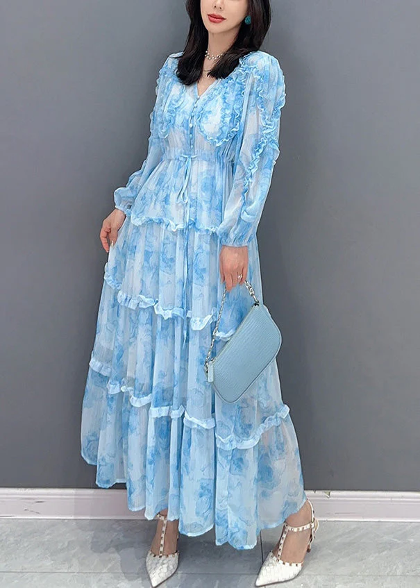 Women Blue Patchwork Ruffled Button Chiffon Maxi Dresses Spring - Image 3