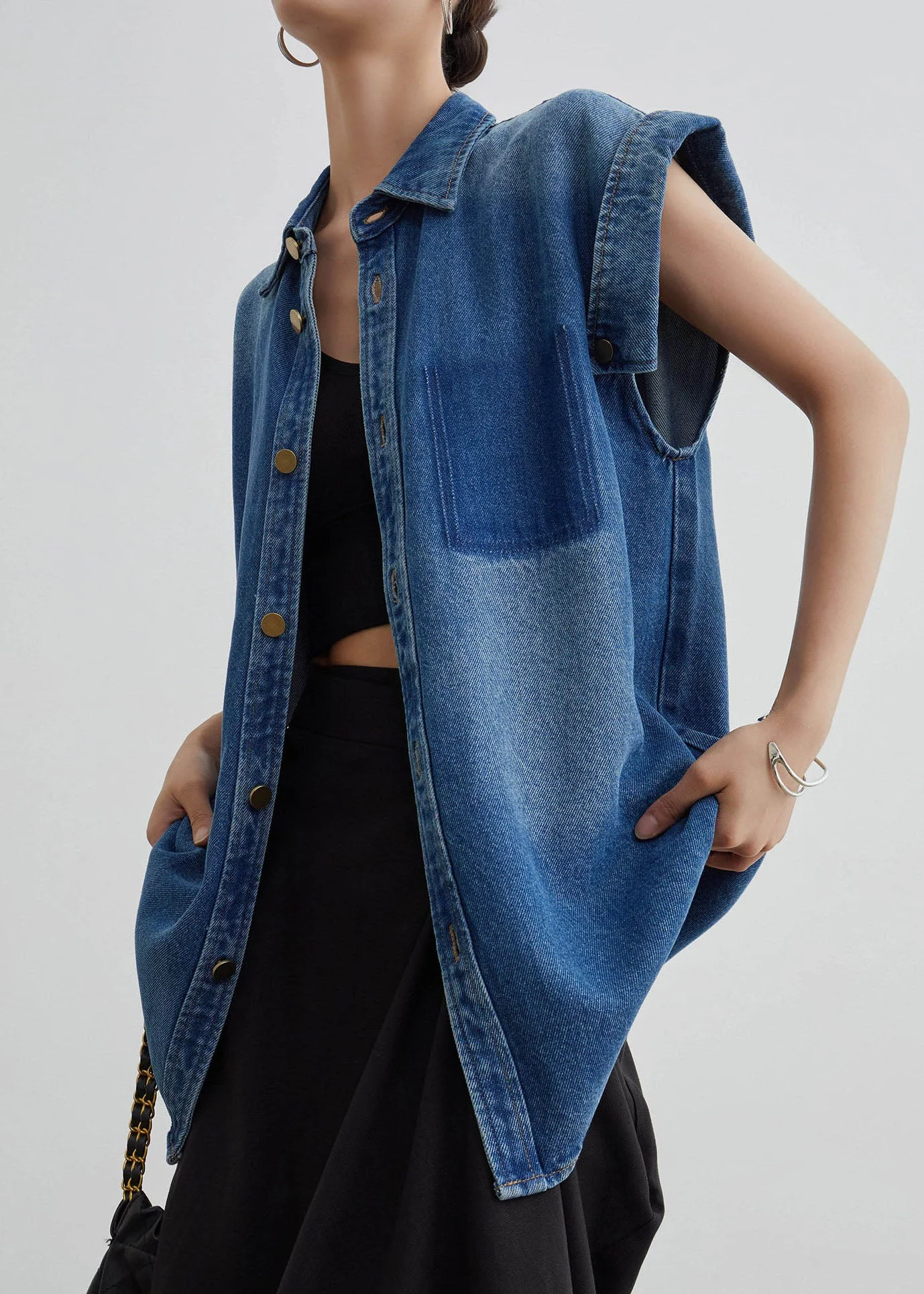 Women Blue Peter Pan Collar Button Denim Shirt Coat Summer - Image 2