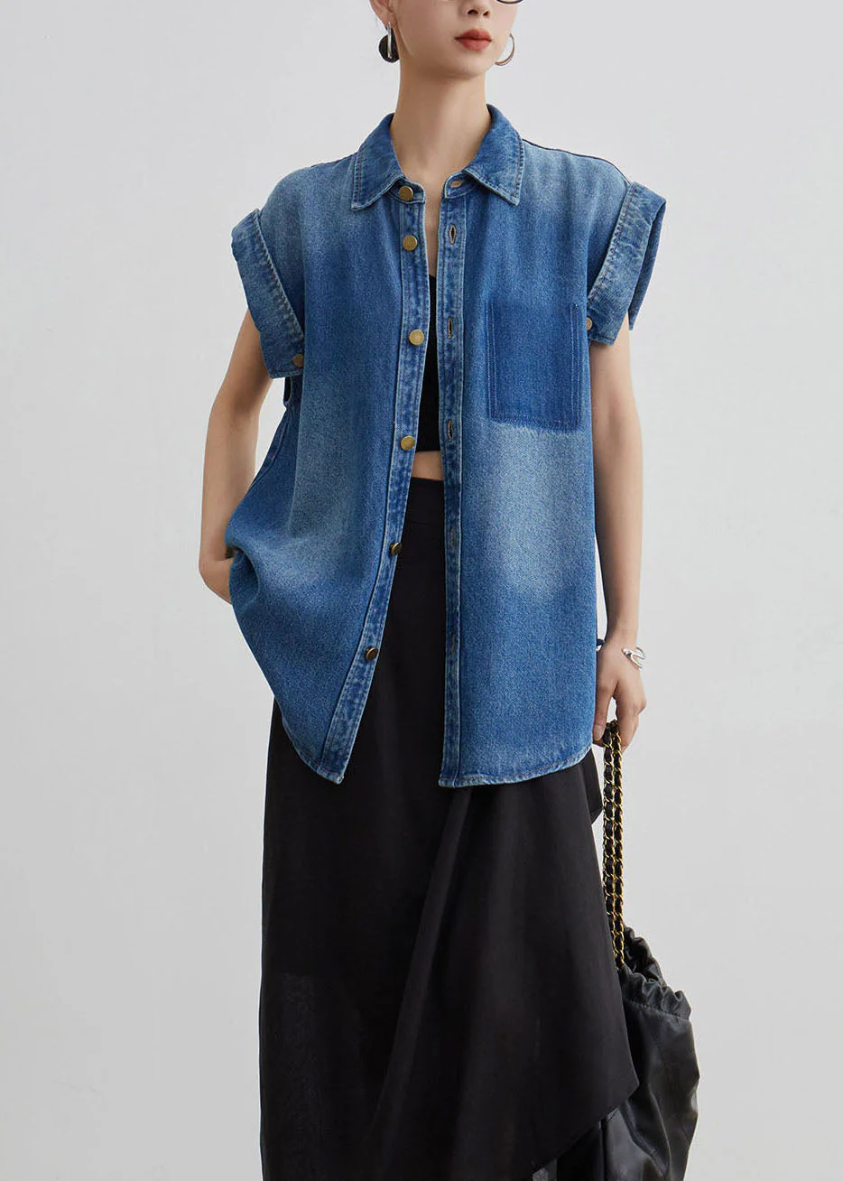 Women Blue Peter Pan Collar Button Denim Shirt Coat Summer - Image 3