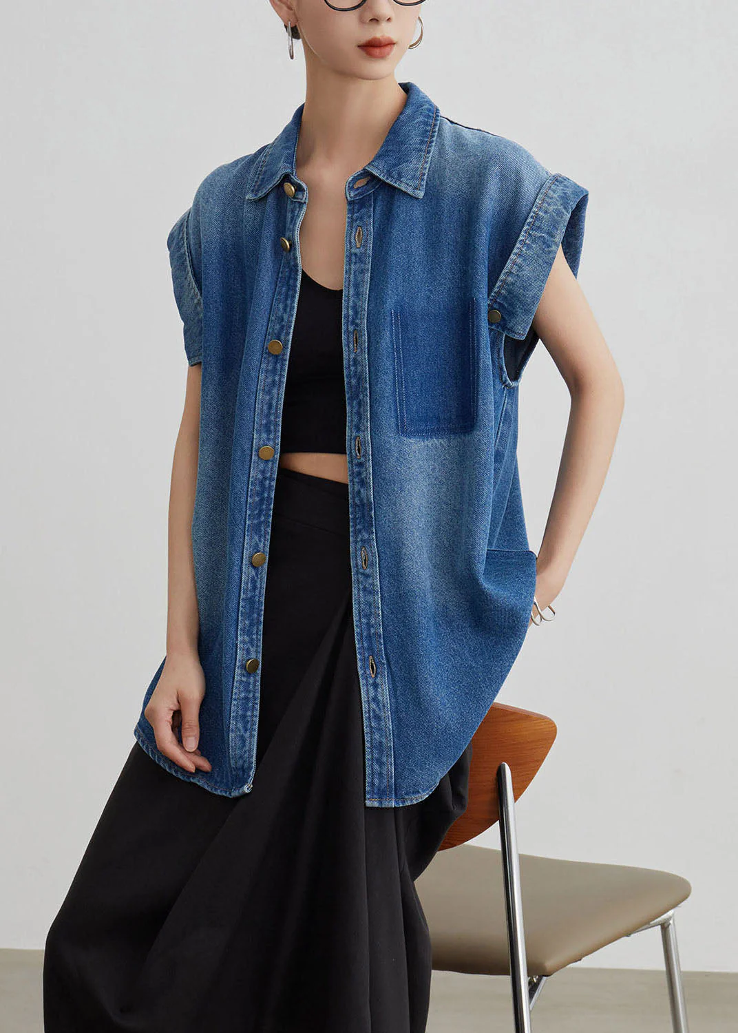 Women Blue Peter Pan Collar Button Denim Shirt Coat Summer - Image 4