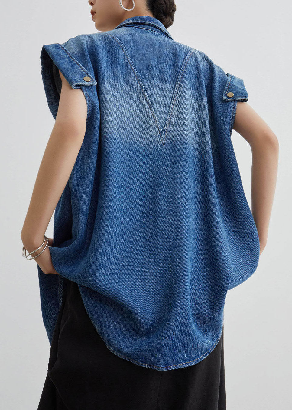 Women Blue Peter Pan Collar Button Denim Shirt Coat Summer - Image 5