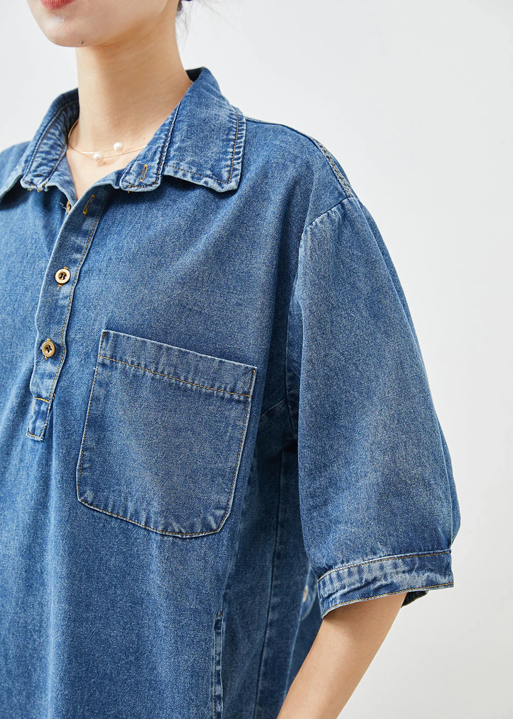 Women Blue Peter Pan Collar Cinched Denim Dress Half Sleeve - Image 5