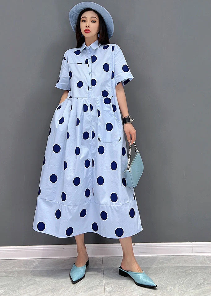 Women Blue Peter Pan Collar Dot Print Pockets Shirt Dresses Short Sleeve