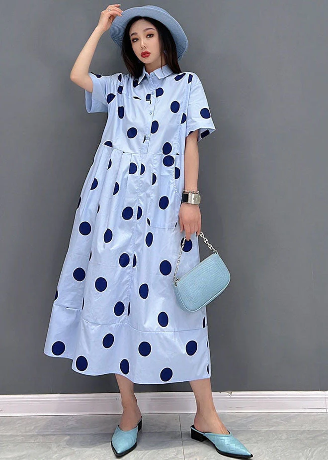Women Blue Peter Pan Collar Dot Print Pockets Shirt Dresses Short Sleeve - Image 2