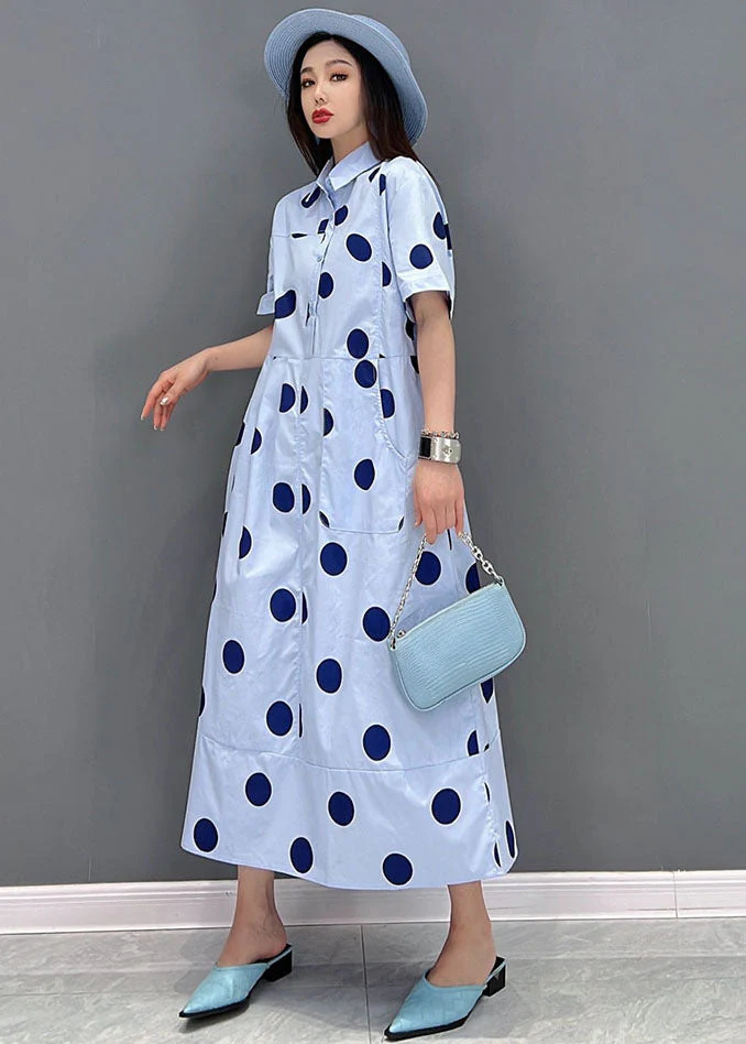 Women Blue Peter Pan Collar Dot Print Pockets Shirt Dresses Short Sleeve - Image 3