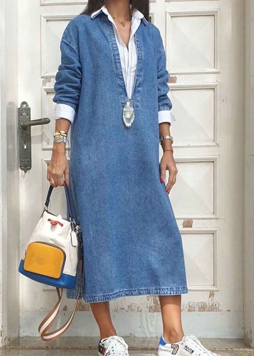 Women Blue Peter Pan Collar False Two Pieces Patchwork Denim Dresses Long Sleeve - Image 4
