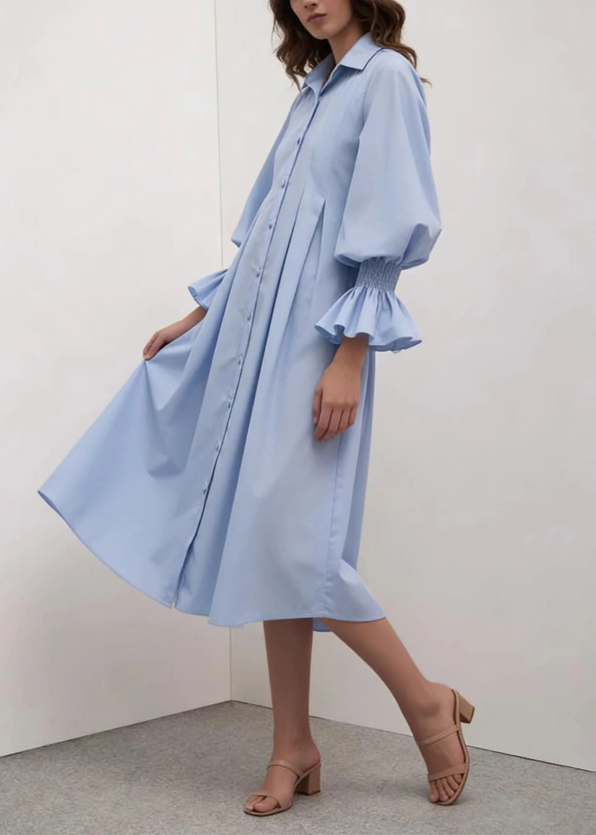 Women Blue Peter Pan Collar Patchwork Cotton Shirts Dress Summer - Image 3