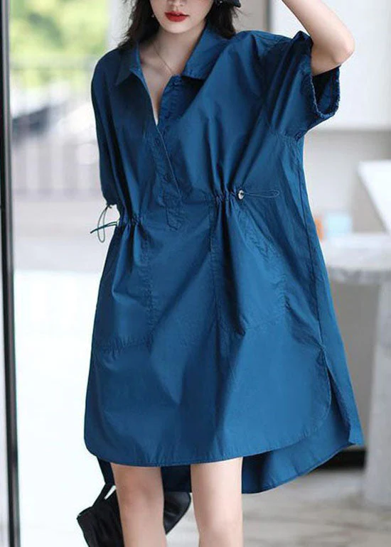 Women Blue Peter Pan Collar Patchwork Cotton Shirts Dresses Summer - Image 2