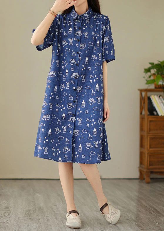 Women Blue Peter Pan Collar Print Patchwork Denim Shirts Dress Summer - Image 2