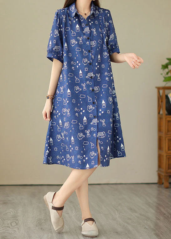 Women Blue Peter Pan Collar Print Patchwork Denim Shirts Dress Summer - Image 3