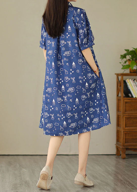 Women Blue Peter Pan Collar Print Patchwork Denim Shirts Dress Summer - Image 4
