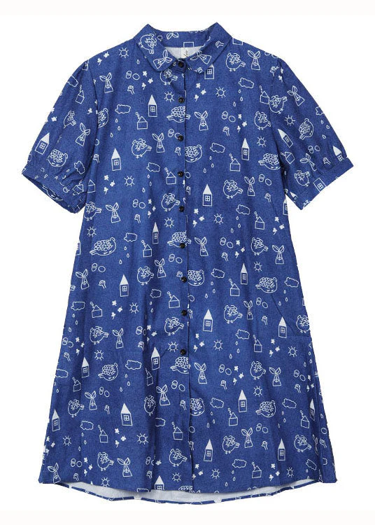 Women Blue Peter Pan Collar Print Patchwork Denim Shirts Dress Summer - Image 5