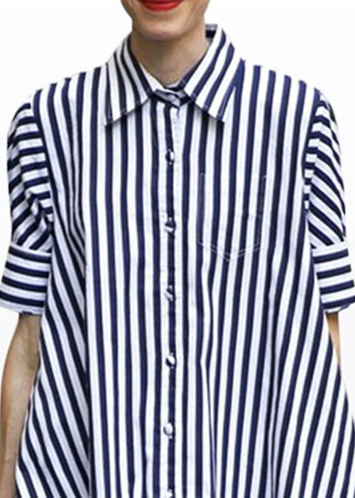Women Blue Peter Pan Collar Striped Cotton Shirt Dress Short Sleeve - Image 2