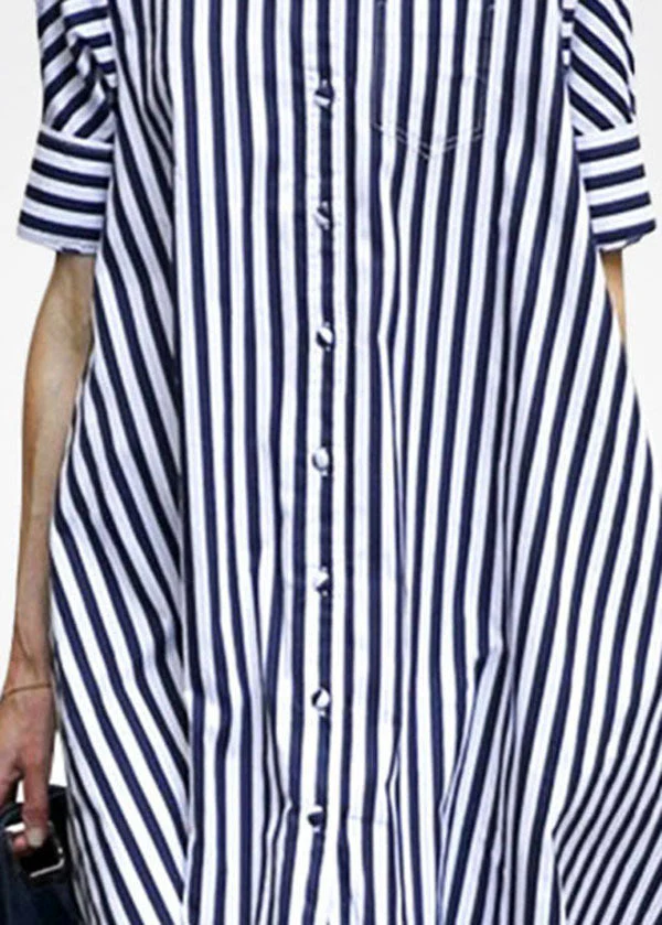Women Blue Peter Pan Collar Striped Cotton Shirt Dress Short Sleeve - Image 3
