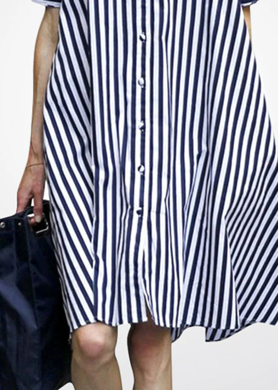 Women Blue Peter Pan Collar Striped Cotton Shirt Dress Short Sleeve - Image 4