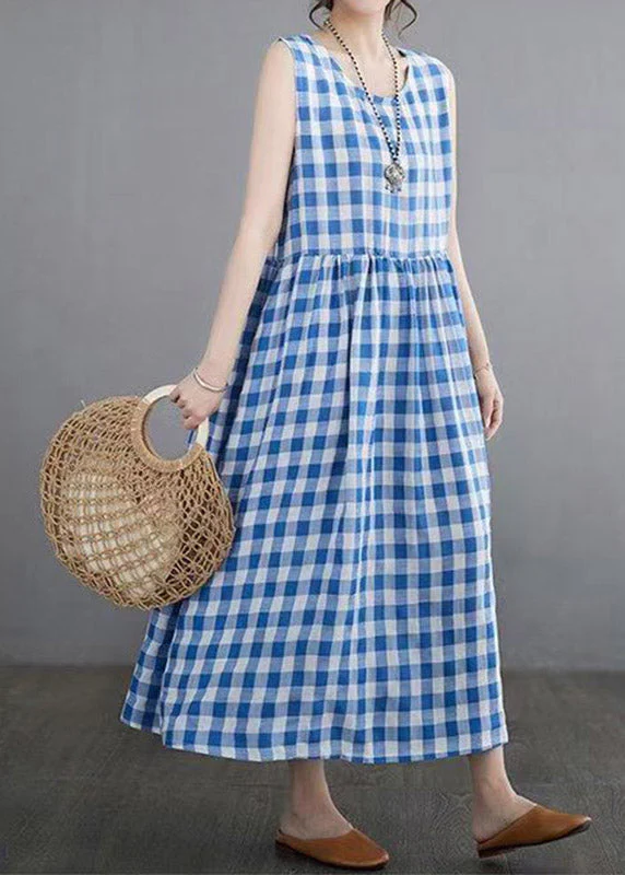 Women Blue Plaid Patchwork Maxi Dresses Sleeveless - Image 3