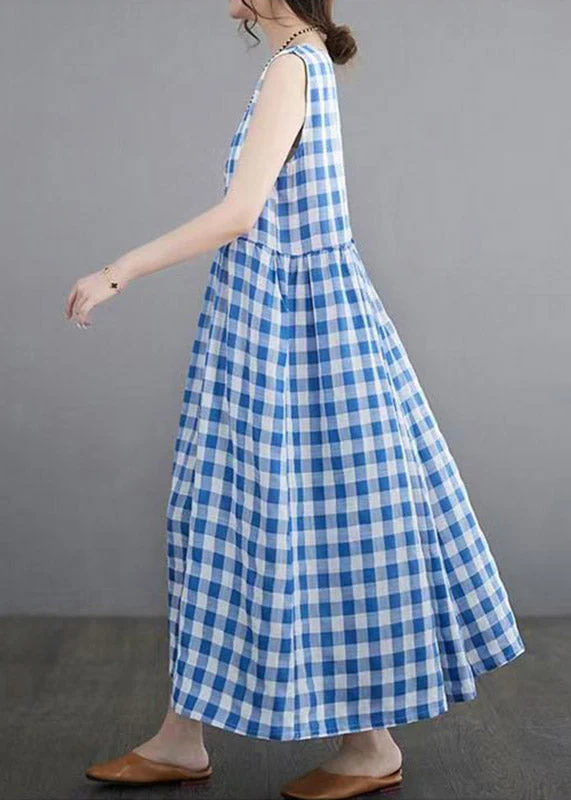 Women Blue Plaid Patchwork Maxi Dresses Sleeveless - Image 4