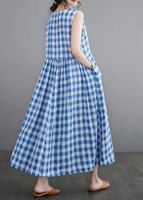 Women Blue Plaid Patchwork Maxi Dresses Sleeveless - Image 5