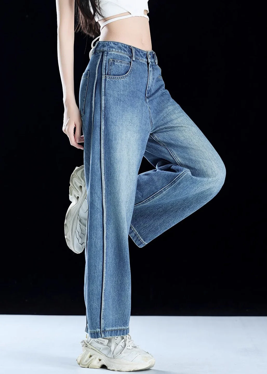 Women Blue Pockets Patchwork Denim Crop Pants Summer - Image 3
