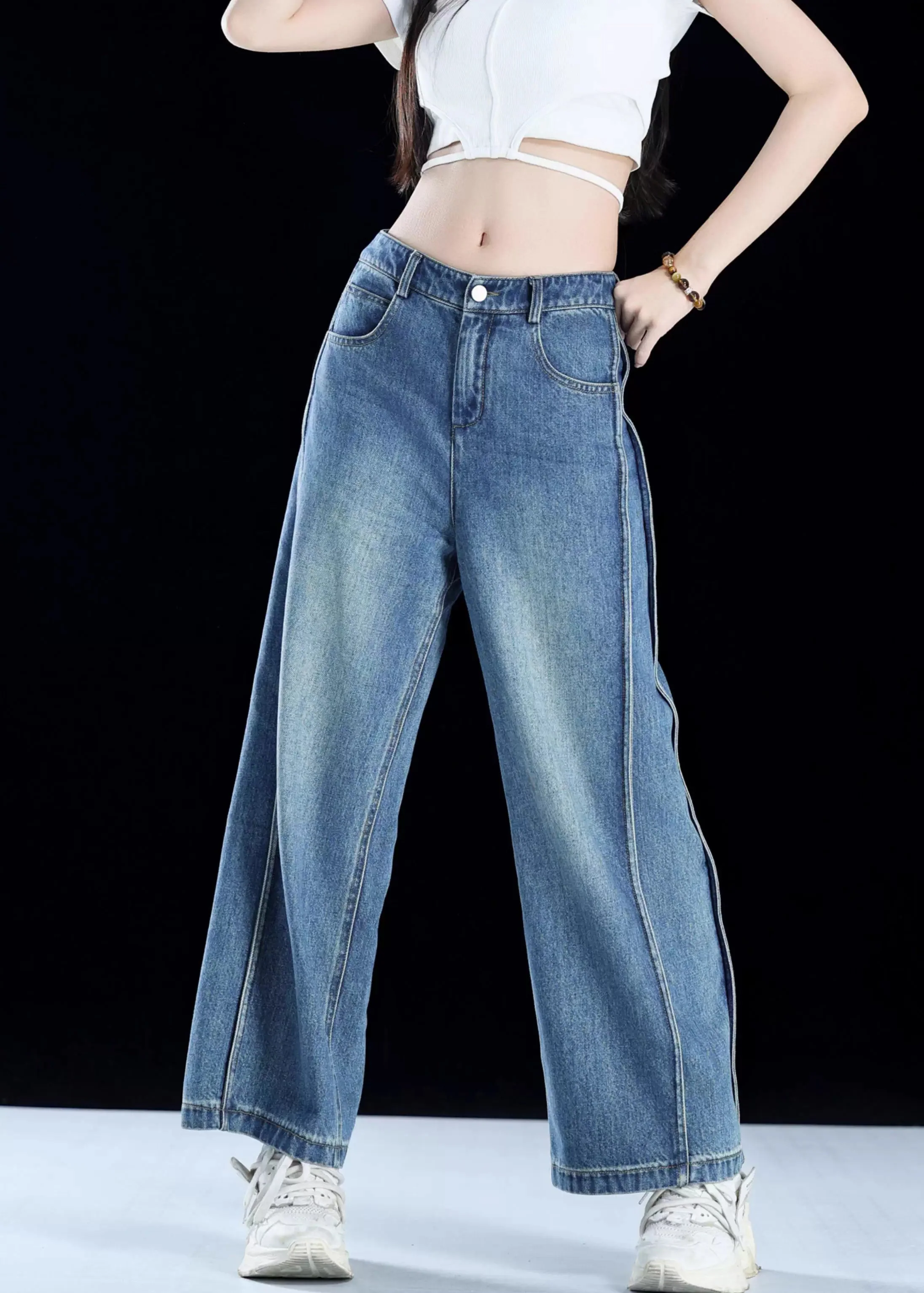 Women Blue Pockets Patchwork Denim Crop Pants Summer - Image 4