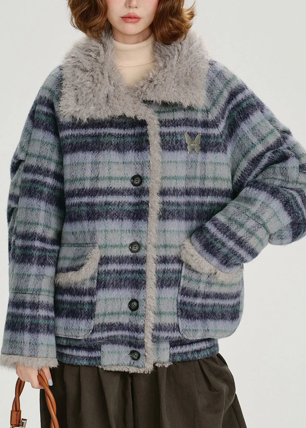 Women Blue Pockets Plaid Warm Fleece Coat Outwear Winter - Image 2