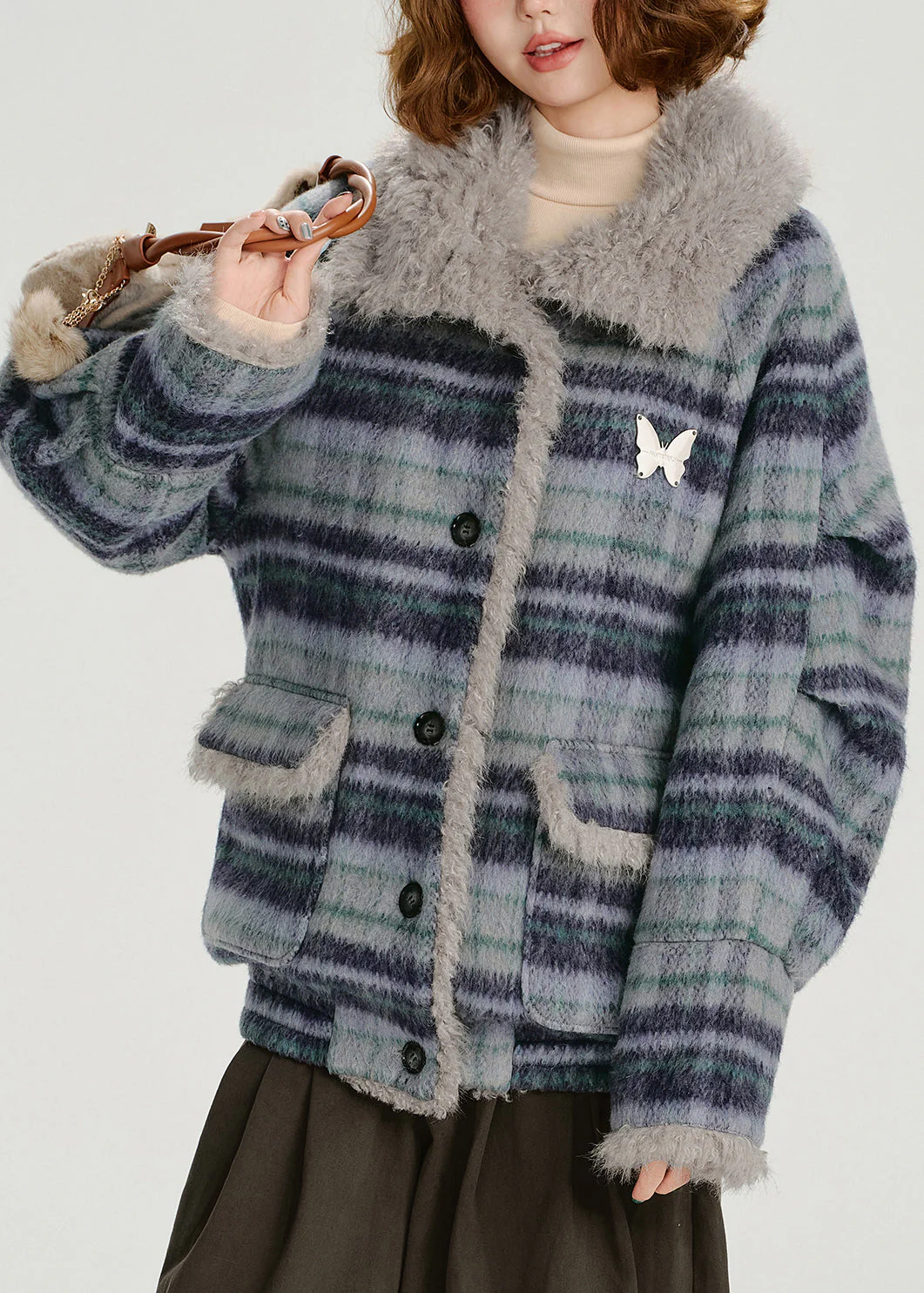 Women Blue Pockets Plaid Warm Fleece Coat Outwear Winter - Image 3