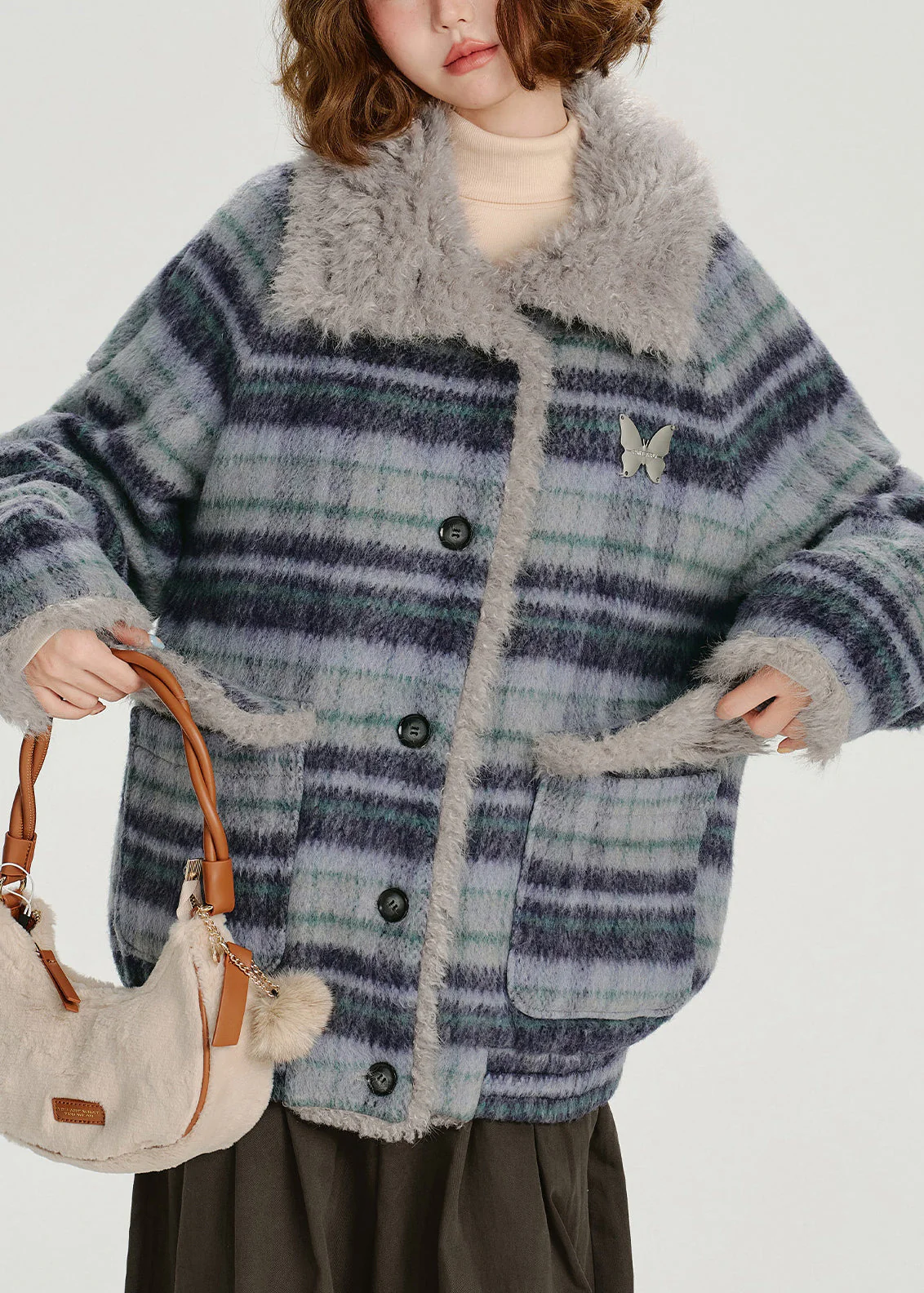 Women Blue Pockets Plaid Warm Fleece Coat Outwear Winter - Image 4