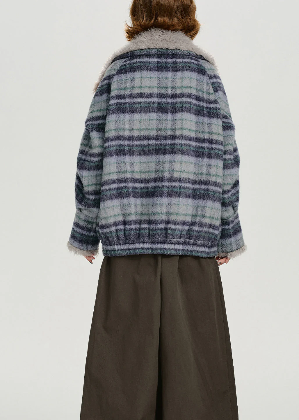 Women Blue Pockets Plaid Warm Fleece Coat Outwear Winter - Image 5