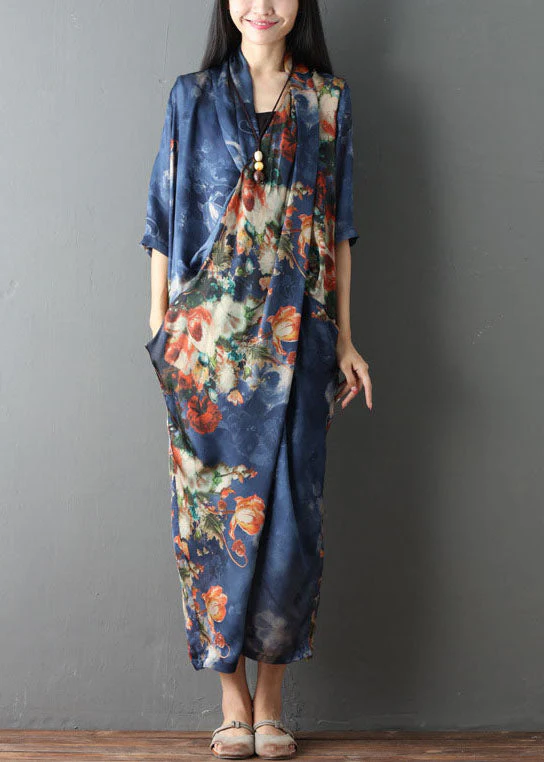 Women Blue Pockets Print asymmetrical design Fall Dress Half Sleeve - Image 2