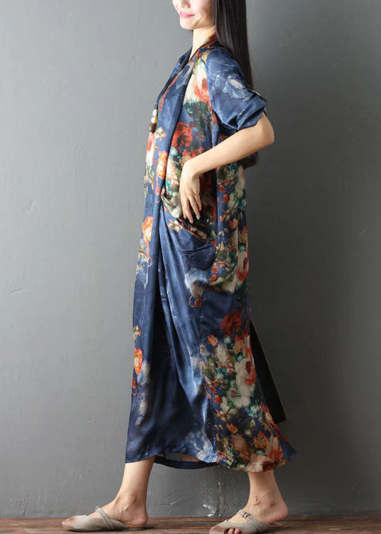 Women Blue Pockets Print asymmetrical design Fall Dress Half Sleeve - Image 3