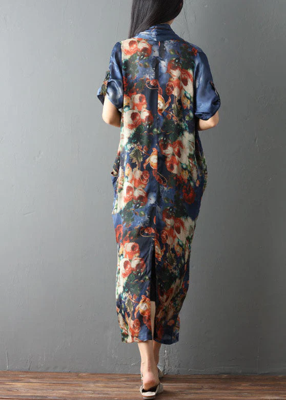 Women Blue Pockets Print asymmetrical design Fall Dress Half Sleeve - Image 4