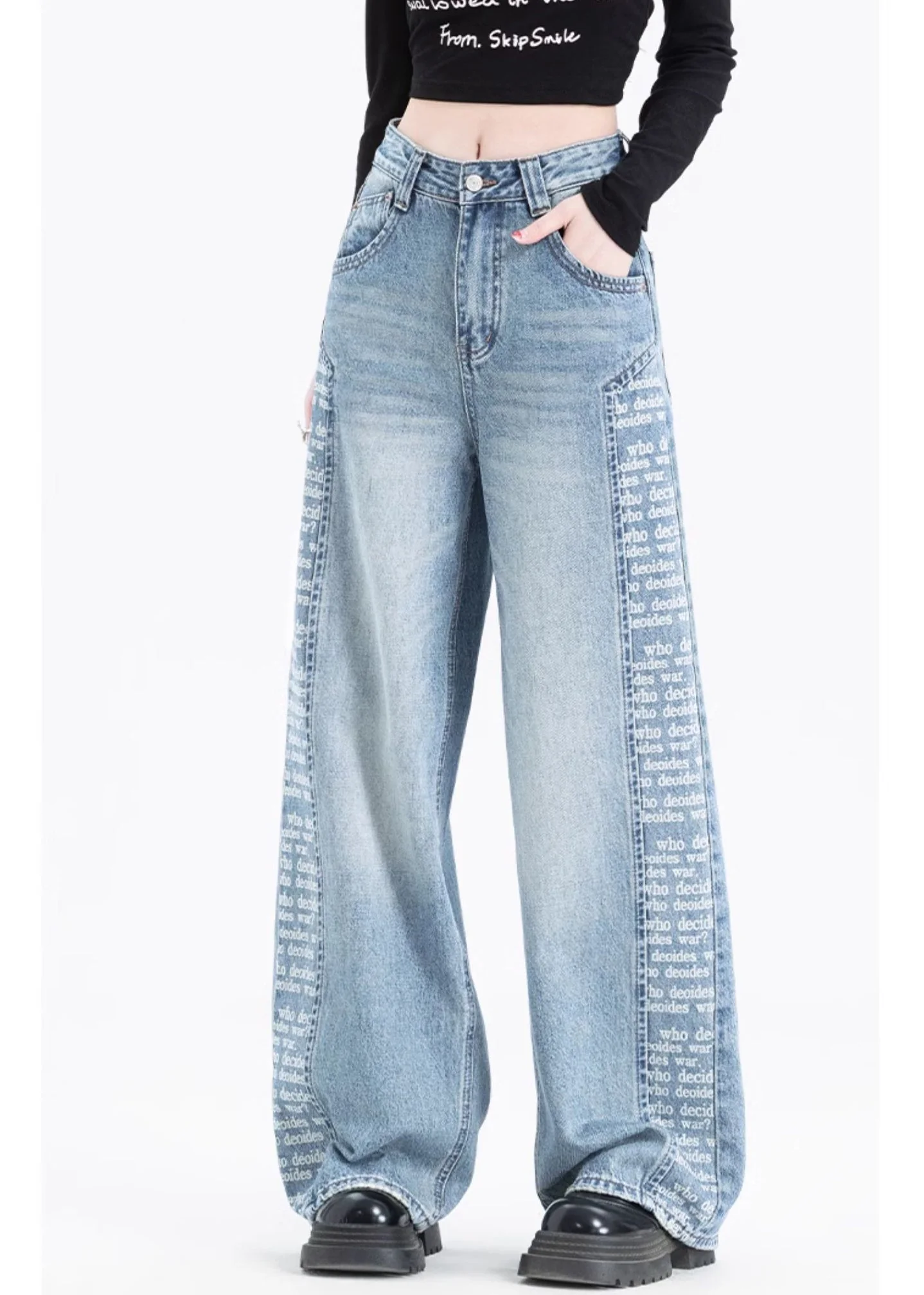 Women Blue Pockets Print Patchwork Denim Pants Spring - Image 4