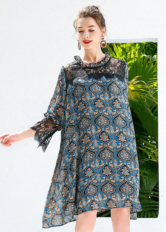 Women Blue Print Ruffled Lace Patchwork Hollow Out Chiffon Dresses Summer