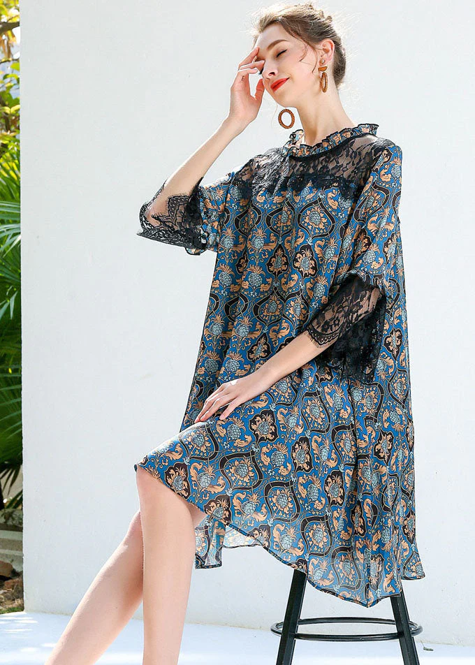 Women Blue Print Ruffled Lace Patchwork Hollow Out Chiffon Dresses Summer - Image 2