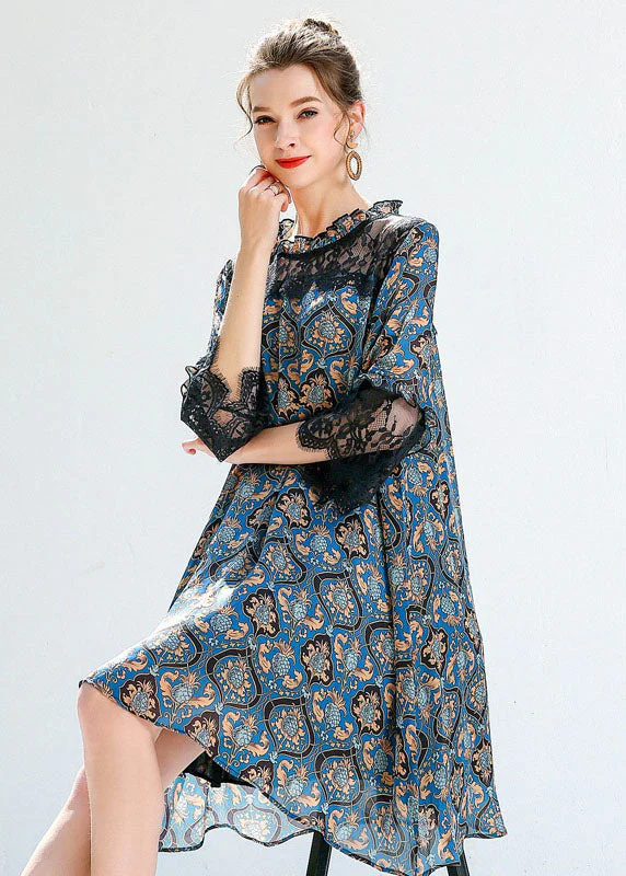 Women Blue Print Ruffled Lace Patchwork Hollow Out Chiffon Dresses Summer - Image 3