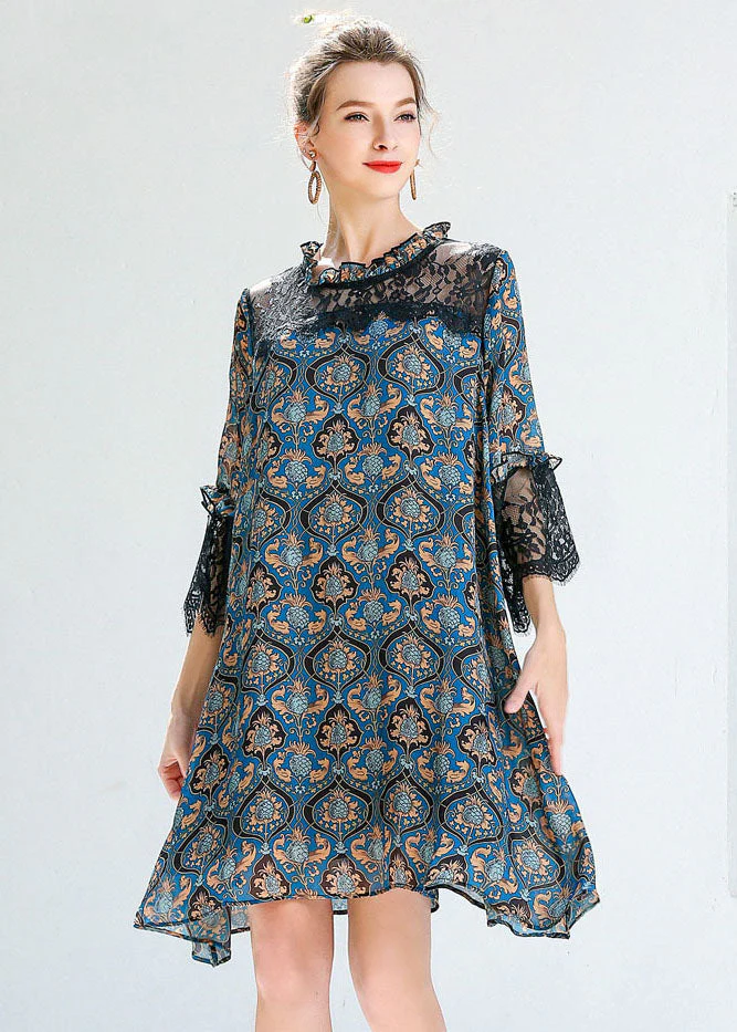 Women Blue Print Ruffled Lace Patchwork Hollow Out Chiffon Dresses Summer - Image 4